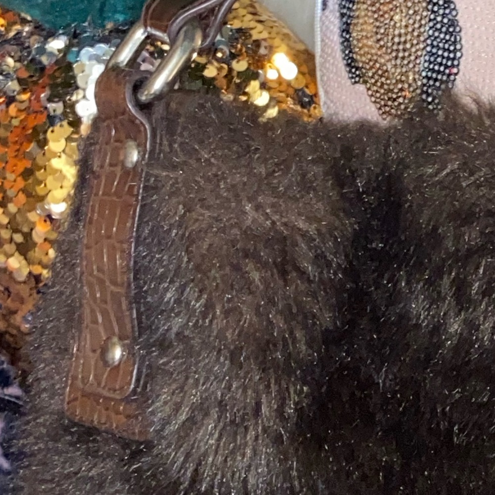 VTG RARE - Large Dark Brown Faux Fur & Leather Shoulder Bag - Picture 9 of 12